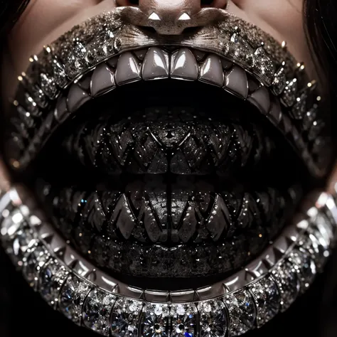 Diamond encrusted teeth that spell out “burnt.”