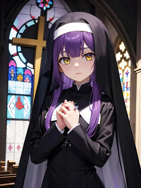 Purple hair, long hair, medium chest, black, nun outfit, yellow eyes, sharp eyes, bangs, church, refined, straight face, large, sharp irises, fully covered, fully dressed, holding cross