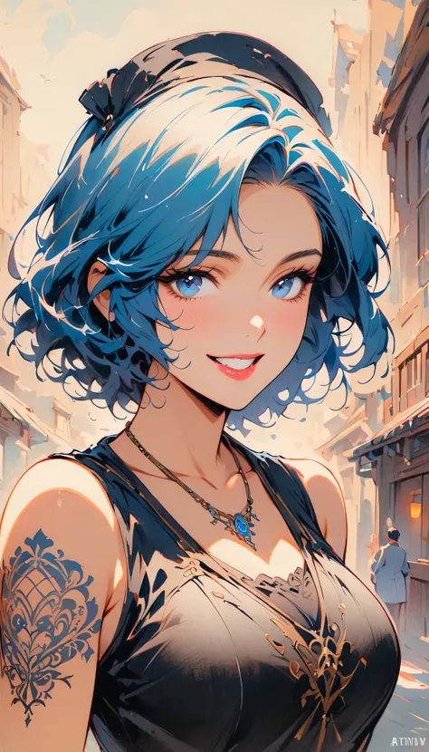 retro movie style, masterpiece, best quality, high quality, very detailed cg uniform 8k wallpaper, 1 girl, alone, blue hair, tat...