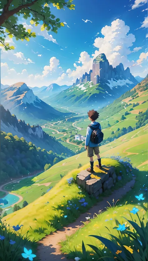 a painting of a boy standing on a hill looking at a valley, by sylvain sarrailh, cover game art, epic full color illustration, silvain sarrailh, makoto shinkai cyril rolando, inspired by sylvain sarrailh, board game cover art, fantasy rpg book illustration...