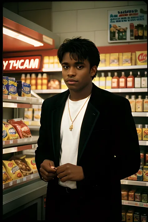 portrait of a celebrity, in the midnight convenience store, high contrast, 50mm, shot on kodak color 400 film, depth of field, dark night, film grain, 