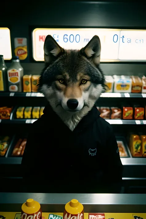 portrait of a Anthropomorphic wolf, in the (midnight convenience store), high contrast, 50mm, shot on kodak color 400 film, dark night, (film grain, depth of field),