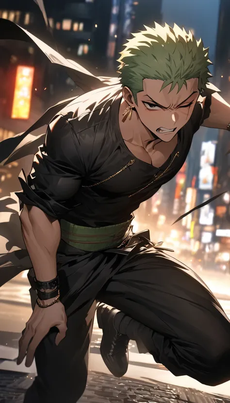 Handsome 1 Boy, Roronoa Zoro, angry look, (closed one eye), eye scar, green hair. alone, full body, ((((masterpiece))), ((highest quality)), (very detailed), dark intense shadow, lit, HDR, good composition, dynamic pose, black eye, Modern fashionable dark ...