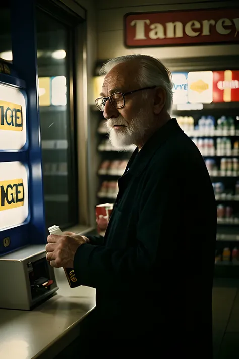 analog photo of an old man, in the (midnight convenience store:1.2), high contrast, 50mm, shot on kodak color 400 film, dark night, (film grain:1.4), (depth of field:1.2),