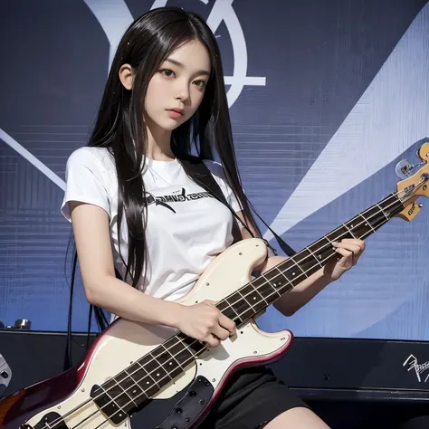 woman playing bass live、brunette tousled hair、complex 4 string bass:1.2、anatomically correct fingers、((detailed fender precision bass:1.3))、Only one base、