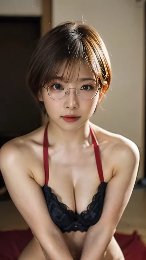 1 female,20th generation,round glasses,short bob hair,nude,blonde,Moist eyes,looking at the viewer,cleavage,upper grade,High definition,masterpiece,Highest image quality,8K,Super realistic,Chest and face are visible,sexy,Bend your elbows and place your arm...