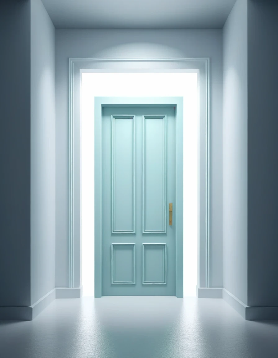 in the style of 3D digital illustration, ethereal door, front view, symmetric, volumetric lighting,minimalist, solid background, high contrast, ultrahigh definition