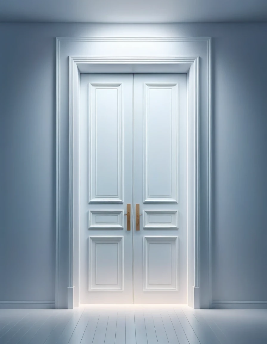 in the style of 3D digital illustration, ethereal door, front view, symmetric, volumetric lighting,minimalist, solid background, high contrast, ultrahigh definition