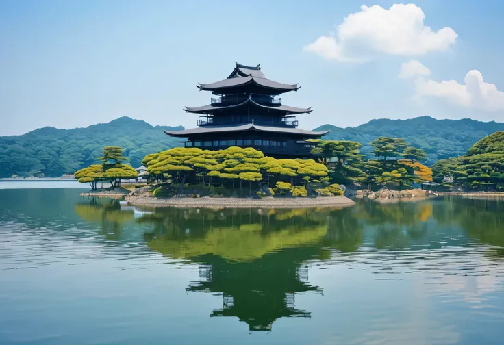 There is a big building on the shore of the lake., japanese architecture, Giant floating castle, Japanese Temples, Edo Period, Japan Tourism, floating palace in the sky, historical background, feudal era japan, japanese architecture, Japanese Temples, feud...