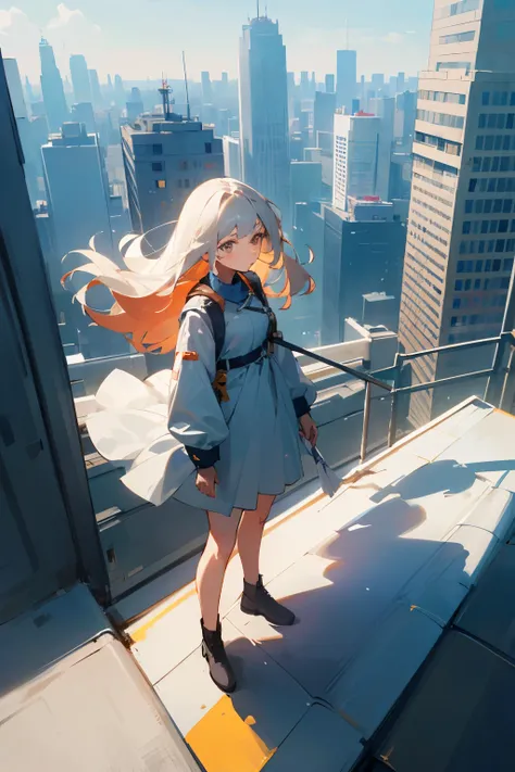 ((Best quality)), ((masterpiece)), (detailed), идеальное лицо A very high quality and detailed image of a confident girl standing on the roof of a skyscraper and looking into the distance. her hair is blown by the wind