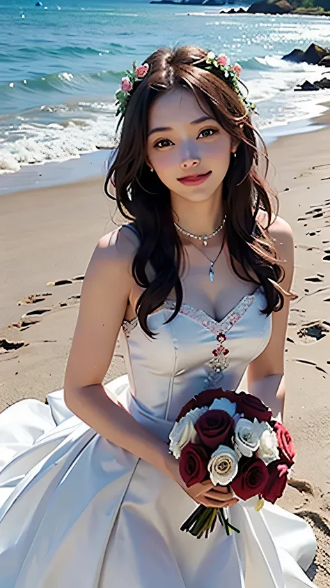 (top quality, masterpiece: 1.2), 18 year old girl on the beach, Smile, White wedding dress, Mermaid Line Dress (Burgundy rose bouquet: 1.3)