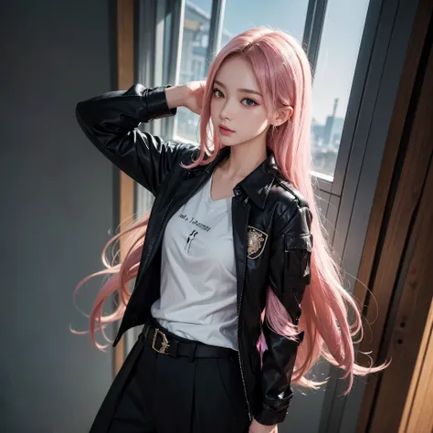 (1 girl solo, high school student, sexy, pink hair, waved hair, :1.2), (short sleeve shirt, long sleeve,black jacket, black loaf...