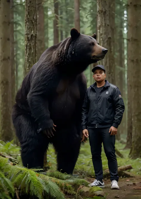 Big black bear with sharp nails, A slightly fat Indonesian young man with short hair wearing a black jacket, trousers and shoes in the forest