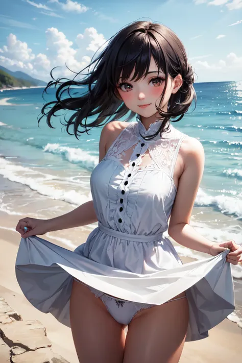 very cute and beautiful girl,frilled white summer dress with detailed lace,(highly detailed beautiful face),(smile),blush,black hair,medium hair,looking at viewer,cowboy shot,skirt lift,white panties,
beach,distant rugged cliffs,
(best quality,masterpiece:...