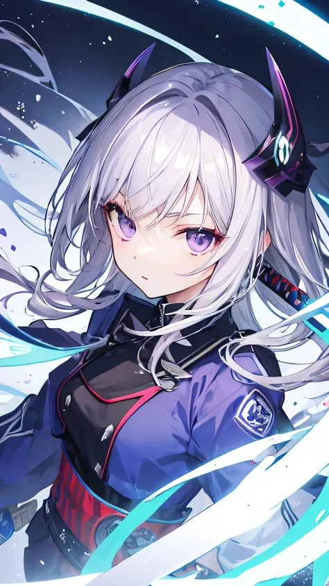 silver hair, purple eyes, blue futuristic uniform, cute anime girl, red katana