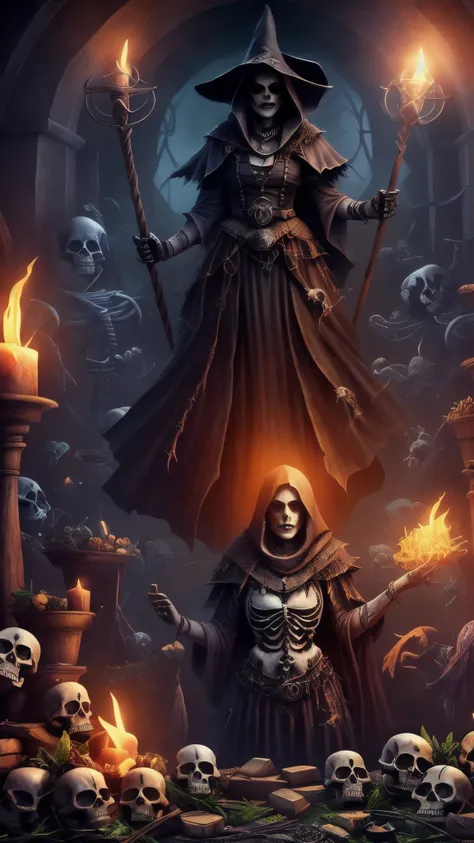 (A necromancer witch surrounded by sKeletons.), masterpiece, HDR, UHD, K, very detailed, Professional photography by Sergio Nogueira, unreal engine, Bright colors, High Resolution Scan  