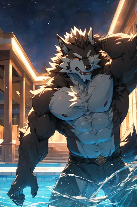 (best quality, highres, ultra-detailed), muscular anime character swimming in a pool, muscular werewolf, angry noble and morally sexy werewolf, powerful pose, firmware version, furry wolf, super awesome and cool, striking a hot and majestic pose, fluffy ch...