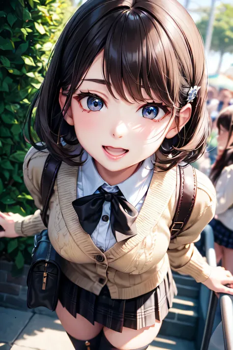 very cute and beautiful girl in amusement park ride,(highly detailed beautiful face),white blouse,
laugh,happy,(beige cardigan) BREAK zettai ryouiki,(plaid brown mini skirt:1.15),
hair ornament,black hair,(black shoulder bag),black boots,azalea flowers in ...