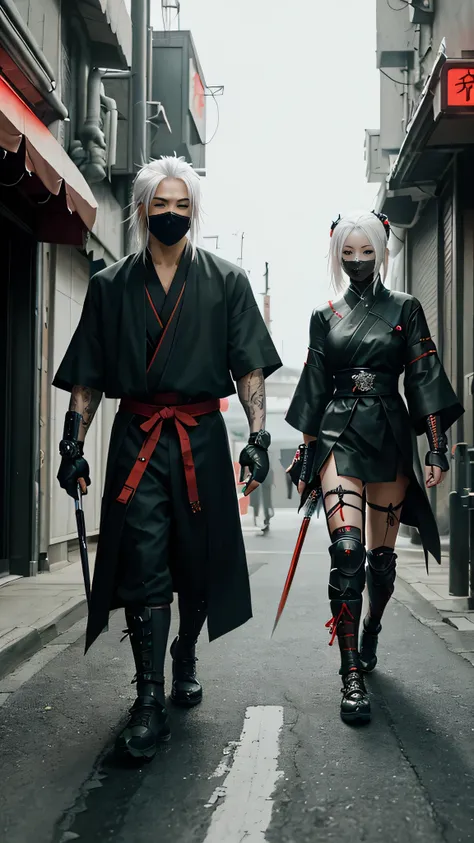 Two ninjas shinobis with a blade walks on the street, very beautiful cyberpunk samurai, cyberpunk samurai, street samurai, cyberpunk assassin, urban samurai, ominous assassin, neon samurai, epic ninja suit, cryptoblades, mask devil.demon samurai, all black...