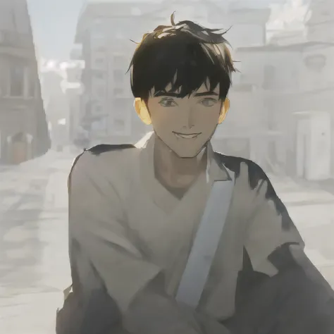 Anime boy in white shirt sitting on bicycle in front of building, Created by Animation Painter Studio, style of Makoto Shinkai, Works inspired by Bian Chomin, Makoto Shinkai. digital rendering, ( ( Makoto Shinkai ) ), Illustration drawn in Anime Painter St...