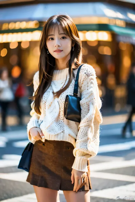 woman in her 20s、Her semi-long hair is blowing in the wind.、light brown hair、White Mohair Sweater、Black Mini Flare Skirt、black short boots、Full body pose in the shopping district