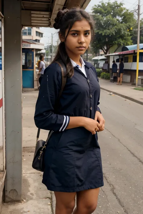 a 18 year old half indian skinny wide hipped dark skinned highschool girl waiting for bus in bus stand wearing  uniform ,bun hairstyle, innocent face,full body picture