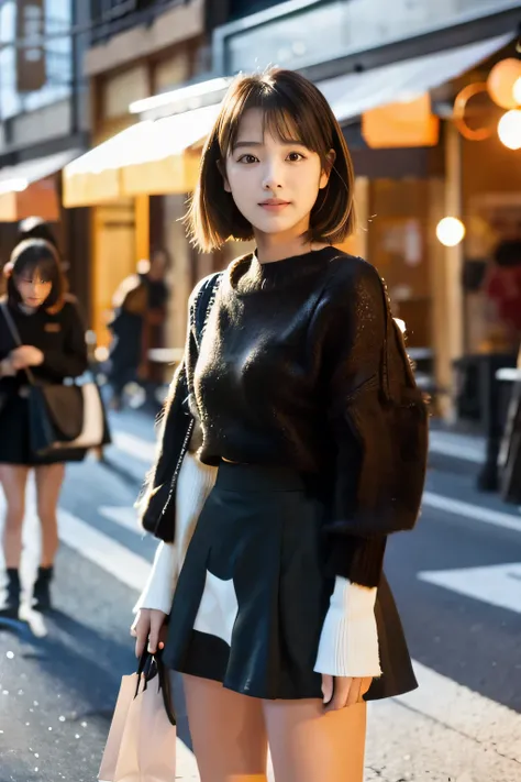 woman in her 20s、Cute short hair、light brown hair、White Mohair Sweater、(Black Mini Flare Skirt:1.5)、black short boots、Full body pose in the shopping district