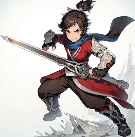 Dark hair, dark eyes, (red and white combined top, wrapped in a brown scarf), dark blue pants, silver wristbands, holding a silver sword, solo, ultra-high resolution, best quality, realistic. Character design with a simple white background