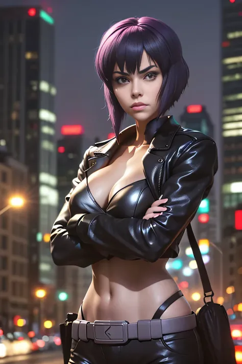 motoko kusanagi,  Beautiful woman in anime style, thin, skinny, medium breasts, Thin waist, (masterpiece, highest quality:1.2), cowboy shot, only, 1 female, No expression, closed mouth, looking at the viewer, crossed arms, Jacket, Leotardo, Thigh Jump, glo...