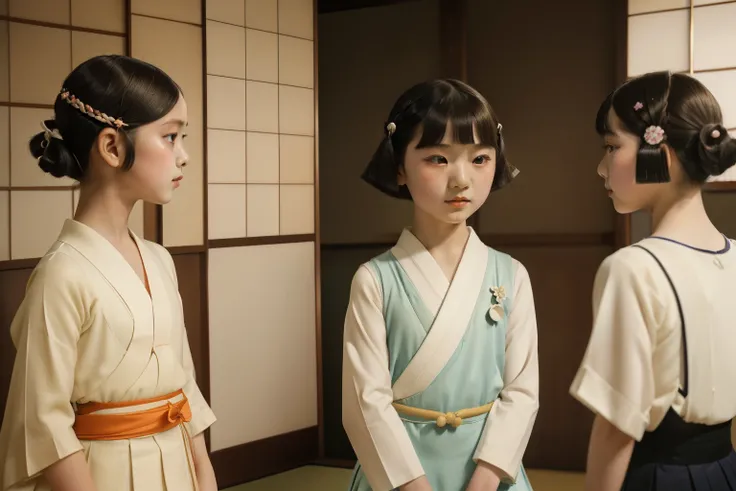 Kioto, 1929. A little ((((9-year-old)) Sayuri)), strikingly beautiful, delicate facial features, porcelain skin, expressive eyes, in a dance lesson with other girls, ((((japanese girl clothings from the 1920s)))), ((hairstyle of the 1920s)), color