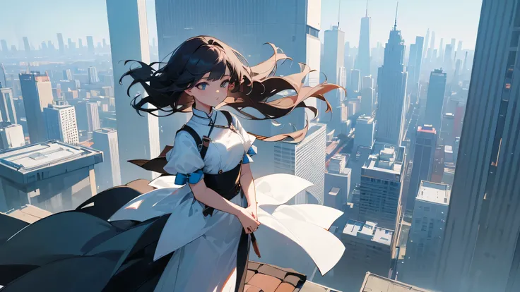 ((Best quality)), ((masterpiece)) (detail), perfect face Very high quality and detailed image of a confident girl standing on the roof of a skyscraper and looking into the distance. her hair flutters in the wind. she stands turned sideways. She stands on t...