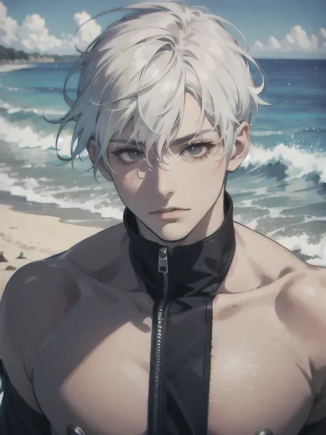 1boys, Sixpact, white hair, black eyes, wearing Beach pants, beach, absurdres, high detailed eyes and face, high res, ultrasharp, 8K, masterpiece, photorealistic, High quality, 