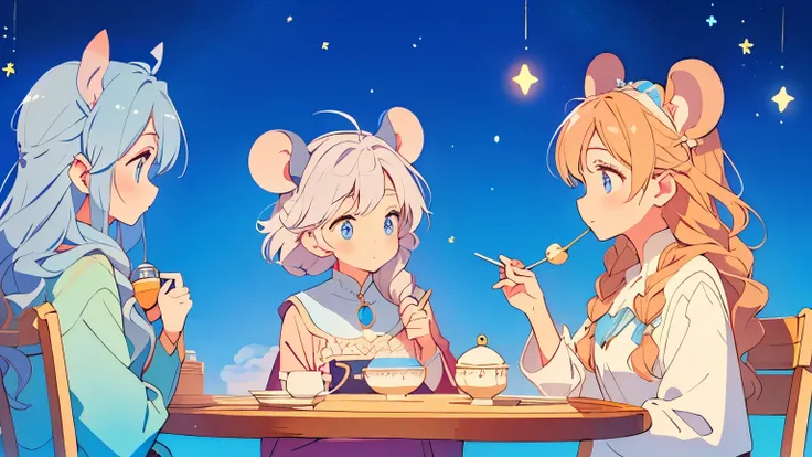 Two mouse-eared women、Elsa and Anna、simple clothes、tea time、starry sky, like Disney Sea.