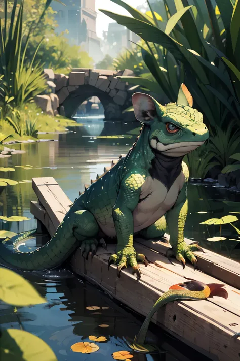 ((best quality)), ((masterpiece)), (detailed), semi realistic anime, Four legged monster, warty body, newt like, paddle like tail, size of a medium dog, lizard like, Marsh Background,