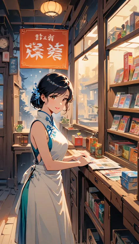 Retro movie style, medium shot, depth of field, midnight，Female convenience store owner，black hair，brown eyes，delicate lips，put on apron，confident smile，Neat appearance，Chinese traditional spring clothing，floral pattern，Standing in a brightly lit convenien...