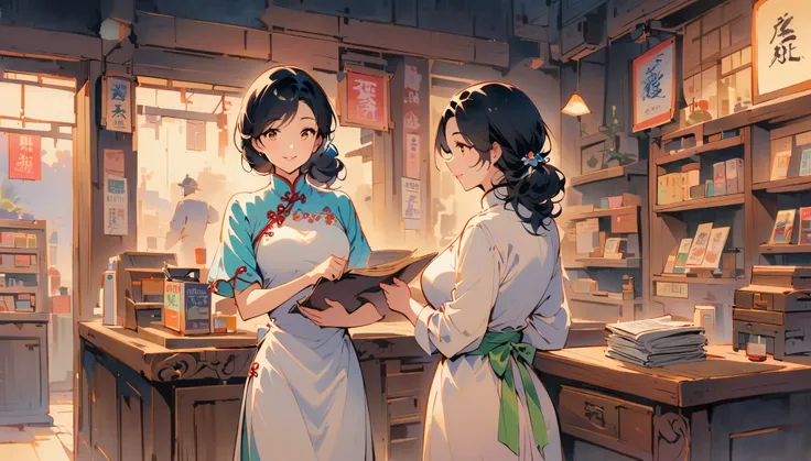 vintage movie, medium shot, depth of field, midnight，Female convenience store owner，black hair，brown eyes，delicate lips，put on apron，confident smile，Neat appearance，Chinese traditional spring clothing，floral pattern，Standing in a brightly lit convenience s...