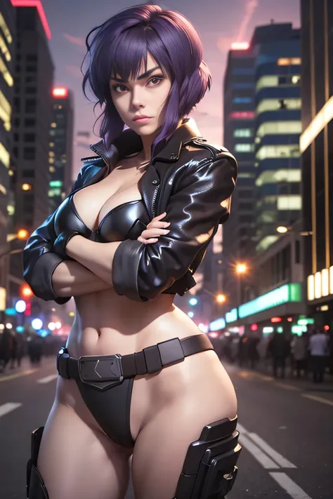 motoko kusanagi,  Beautiful woman in anime style, thin, skinny, medium breasts, Thin waist, (masterpiece, highest quality:1.2), cowboy shot, only, 1 female, No expression, closed mouth, looking at the viewer, crossed arms, Jacket, Leotardo, Thigh Jump, glo...