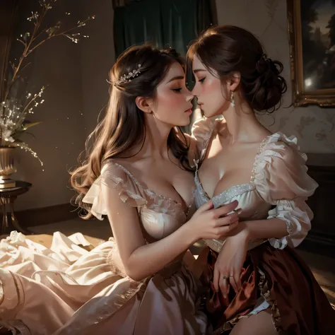 (best quality,4k,8k,highres,masterpiece:1.2),ultra-detailed,realistic:1.37,two girls kissing,long red sheer skirt,gr3ysh33r posi...