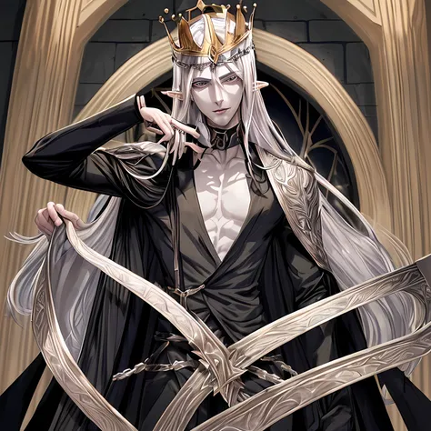 Male high elf (First Crown Prince) slim body, long silver hair with highlights black, sharp black eyes wear luxury bartender uniform everytime power more than god