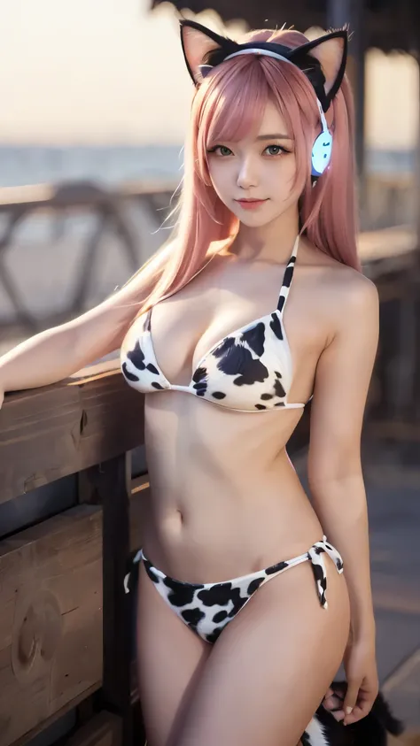 masterpiece, 4k, Bokeh, beautiful face, (multiple girls:1.4), Harem, group photo, (Cat ear:1.3), pink soft hair , looking at the viewer, (cow print bikini:1.2), Sunset Coast, close