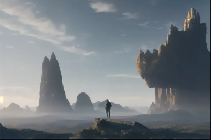 Illustration of a hyperrealistic , otherworldly, ultrasky scene featuring a walking rock giant alone wondering around the collosal pillars,very detailed and foggy lighting, intricate mountains, giant dusty pillars around, solarpunk ,landscape, giant pillar...