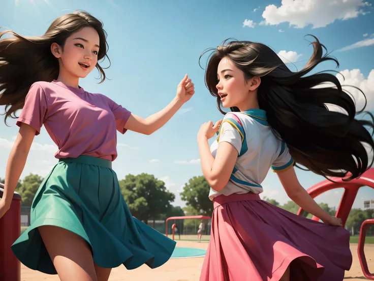 "(best quality,highres),2girls,playing,skirt lifting,fun,beautiful detailed faces,joyful expressions,wind-blown hair,flowing skirts,happy atmosphere,illustration style,vibrant colors,warm sunlight,playground scene"