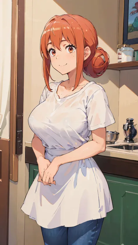 ((highest quality, 8K, masterpiece :1.3)),super detailed face, 1 adult female,Yuigahama Yui&#39;s mother,As I expected, my youth romantic comedy is wrong。,Gahamama,plump body,big breasts,bun hair,smile,white t-shirt,jeans,apron