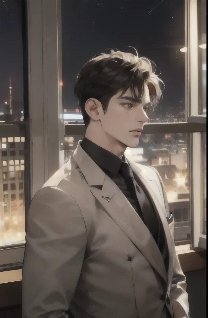 (modern, HD, Super detailed), (1 male, the only person, AS-Adult,    Mature:1.4, age:1.4, young, tall muscular man, Handsome), very short hair, black hair color hair, hair oil, brown eyes,(Pointed chin:1.4,thick neck:1.4,),night,dark,Look at night view of ...