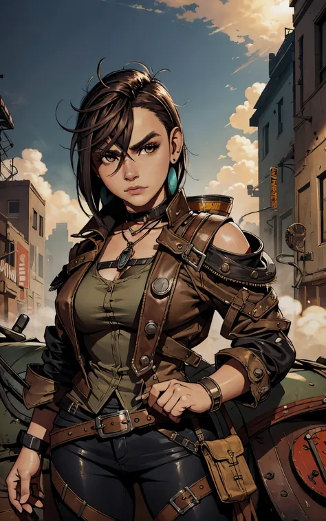 ambiente steampunk, dramatic art, estilo de arte dieselpunk, apocalyptic road warrior vibe, a girl wearing beautiful mirrored su...