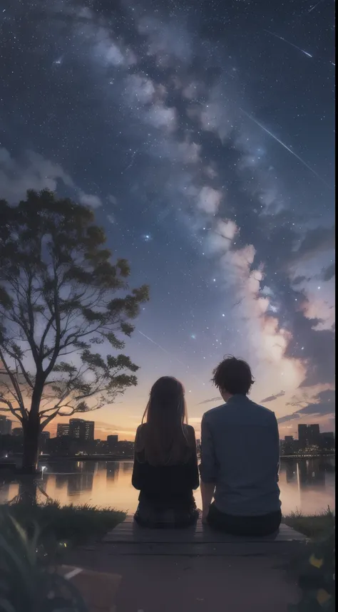 octans, sky, star (sky), scenery, starry sky, night, 1girl, 1boy, couple, love, night sky, solo, outdoors, building, cloud, milky way, sitting, tree, long hair, city, silhouette, cityscape .shooting star