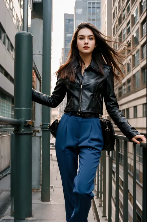 an asian beautiful girl, wearing a black leather jacket, army blue trousers, long hair, holding a long red laser rifle, standing on the top of a building stalking her enemy,inspired by Adam Dario Keel, maxim sukharev, attractive and beautiful, Inspired by ...