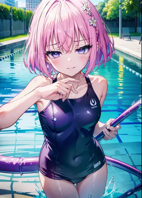 momomodel Building Uke, Deviluke type, demon tail, hair flower, hair ornaments, (purple eyes:1.1), pink hair, short hair, tail, smile,happy smile, smile, open your mouth,
break demon tail, green , school swimwear,wet hair,wet skin,barefoot,noon,sunny,
brea...