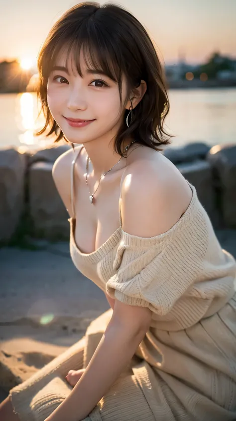 (highest quality,masterpiece:1.3,ultra high resolution),(Super detailed,caustics,8K),(realistic:1.4,RAW shooting),18-year-old,cute,Japanese,Short brown hair with outward curls,(Beige summer knitwear),(smile),look up at the camera、(Short brown skirt),blue s...