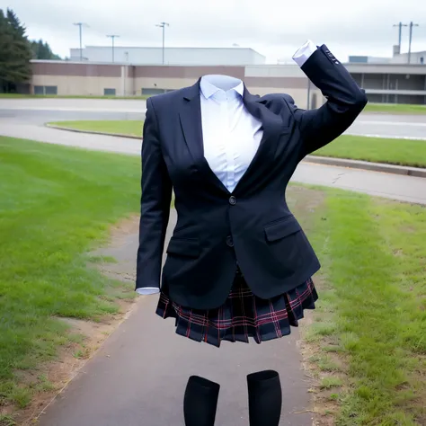 school, stripe tie, school bag, plaid skirt, chubby, fat, short skirt, tights, school tights, loafers, from below, blazer, (invisible, no humans, headless, faceless:1.5), cute big breasts